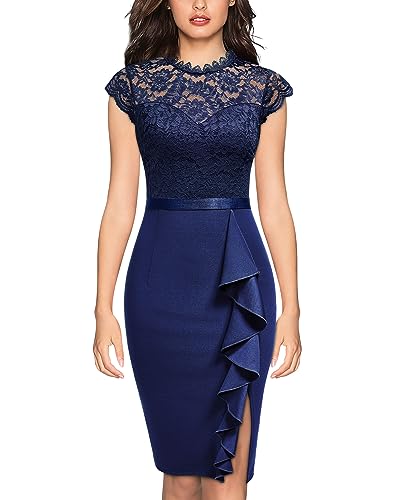 MIUSOL Damen Spitze Kurzarm Business Etuikleid Cocktailkleid Navy Blau Gr.L von MIUSOL