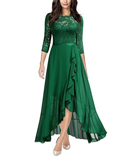 MIUSOL Damen Spitzenkleid Hüfte öffnen Abendkleid 3/4 Ärmel Cocktailkleid Maxi Partykleid Dunkelgrün M von MIUSOL