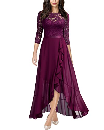 MIUSOL Damen Spitzenkleid Hüfte öffnen Abendkleid 3/4 Ärmel Cocktailkleid Maxi Partykleid Magenta S von MIUSOL