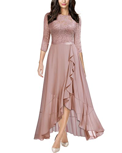 MIUSOL Damen Spitzenkleid Hüfte öffnen Abendkleid 3/4 Ärmel Cocktailkleid Maxi Partykleid Rosa XL von MIUSOL