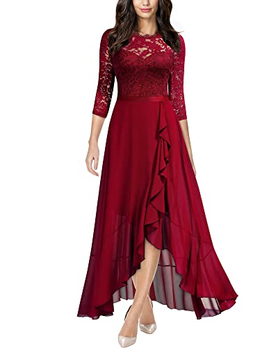 MIUSOL Damen Spitzenkleid Hüfte öffnen Abendkleid 3/4 Ärmel Cocktailkleid Maxi Partykleid Rot Gr.2XL von MIUSOL