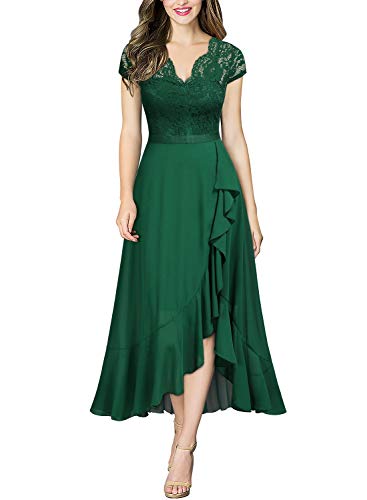 MIUSOL Damen Spitzenkleid Hüfte öffnen Abendkleid Cap Ärmel Cocktailkleid Maxi Partykleid Dunkelgrün L von MIUSOL