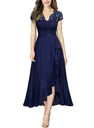 MIUSOL Damen Spitzenkleid Hüfte öffnen Abendkleid Cap Ärmel Cocktailkleid Maxi Partykleid Navy Blau M von MIUSOL