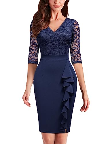 MIUSOL Damen Vintage Blume Spitze Rüschen Stil Cocktail Mini Etui Kleid（Navy Blau，Gr.M） von MIUSOL