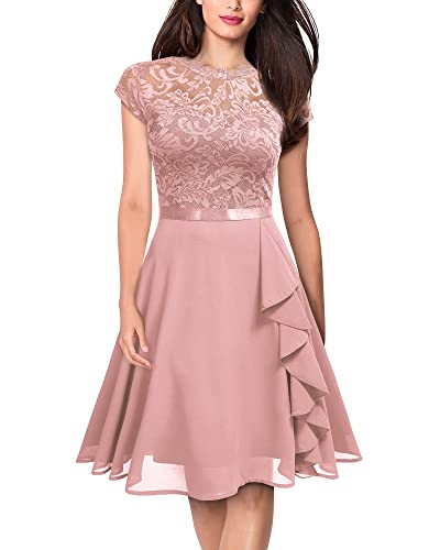 MIUSOL Damen Vintage Blumenspitze Rundhals A-Linie Schwingen Party Kleid（Rosa，Gr.M） von MIUSOL