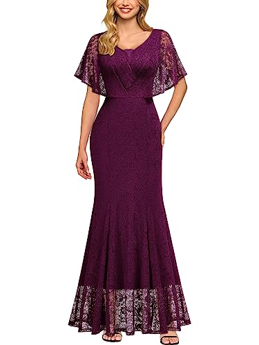 MIUSOL Damen Vintage V-Ausschnitt Kurze Fledermausärmel Brautjungfer Party Kleid Abend Maxi Kleid（Magenta，Gr.M） von MIUSOL