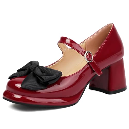 MJIASIAWA Bowtie Mary Jane Lack Damen Plateau Schuhe Runde Zehen Komfort Blockabsatz Knöchelriemchen Hochzeit Pumps Lovely Rotwein Gr 36 EU von MJIASIAWA