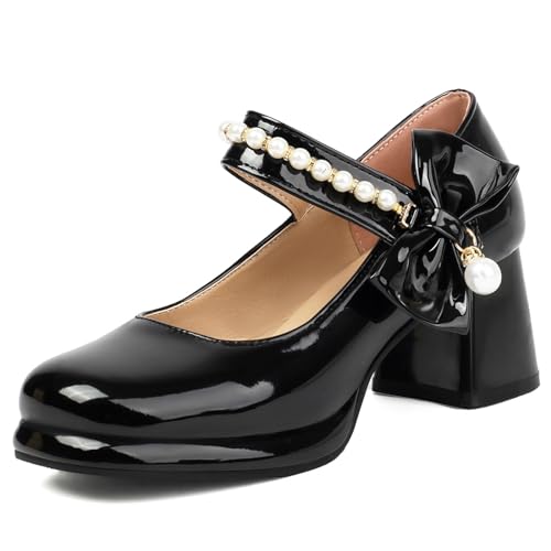 MJIASIAWA Bowtie Mary Jane Lack Damen Plateau Schuhe Runde Zehen Komfort Blockabsatz Knöchelriemchen Hochzeit Pumps Lovely Schwarz Gr 32 EU von MJIASIAWA