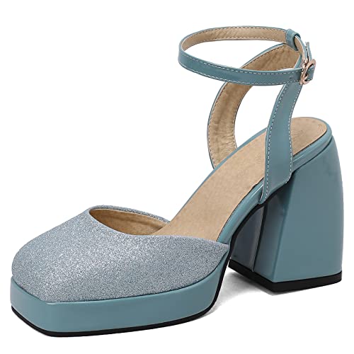 MJIASIAWA Bride Hochzeit Chunky Heel Glitzer Sandalen Weit Fit Mode Knöchelriemchen Plateau Höhe Ferse Square Toe Schuhe Damen Blau Gr 33 Eu von MJIASIAWA