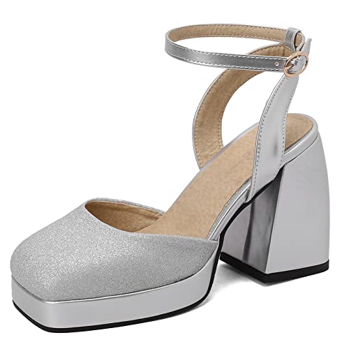 MJIASIAWA Bride Hochzeit Chunky Heel Glitzer Sandalen Weit Fit Mode Knöchelriemchen Plateau Höhe Ferse Square Toe Schuhe Damen Silber Gr 35 Eu von MJIASIAWA