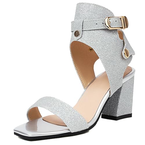 MJIASIAWA Bride Hochzeit Offene Zeh Glitzer Blockabsatz Sandalen Knöchelriemchen Party Mode Schnalle Kleid Schuhe Höhe Ferse Silber Gr 38 EU/39 Asiatisch von MJIASIAWA