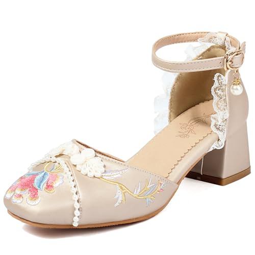 MJIASIAWA Bride Hochzeit Square Toe Embroiderot Sandalen Klassischer Mary Jane Weit Fit Party Blockabsatz Knöchelriemchen Schuhe Aprikose Gr 32 Eu von MJIASIAWA