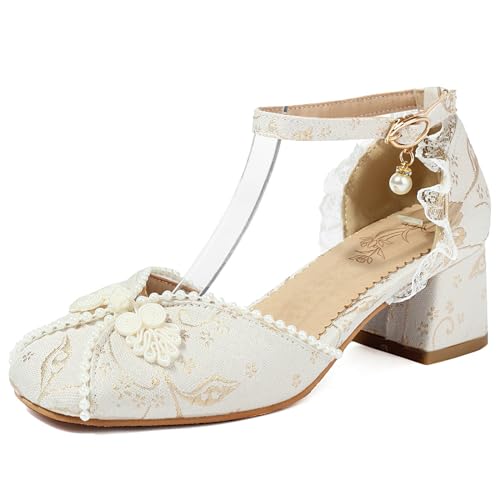 MJIASIAWA Bride Hochzeit Square Toe Embroiderot Sandalen Klassischer Mary Jane Weit Fit Party Blockabsatz Knöchelriemchen Schuhe Beige Gr 42 EU/44 Asiatisch von MJIASIAWA