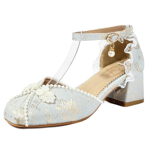 MJIASIAWA Bride Hochzeit Square Toe Embroiderot Sandalen Klassischer Mary Jane Weit Fit Party Blockabsatz Knöchelriemchen Schuhe Blau Gr 31 Eu von MJIASIAWA