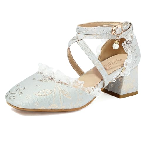 MJIASIAWA Bride Hochzeit Square Toe Embroiderot Sandalen Klassischer Mary Jane Weit Fit Party Blockabsatz Knöchelriemchen Schuhe Blau Gr 33 Eu von MJIASIAWA