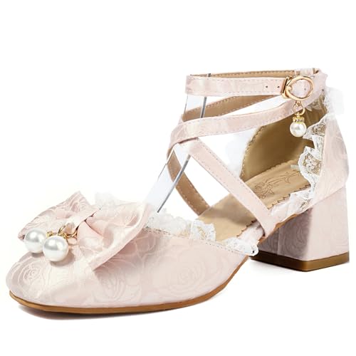 MJIASIAWA Bride Hochzeit Square Toe Embroiderot Sandalen Klassischer Mary Jane Weit Fit Party Blockabsatz Knöchelriemchen Schuhe Pink Gr 36.5 EU/37 Asiatisch von MJIASIAWA