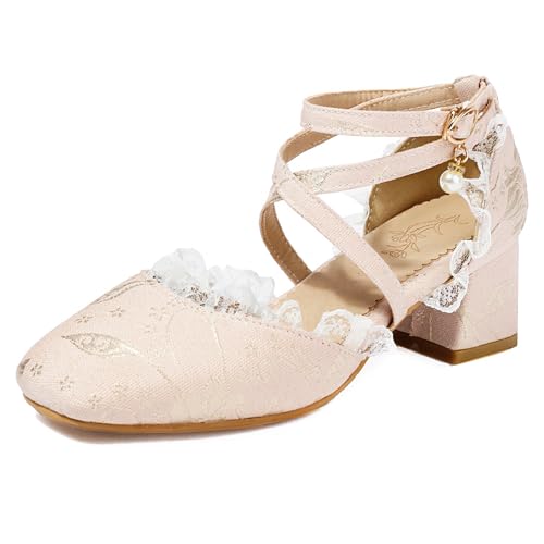 MJIASIAWA Bride Hochzeit Square Toe Embroiderot Sandalen Klassischer Mary Jane Weit Fit Party Blockabsatz Knöchelriemchen Schuhe Pink Gr 46 EU/48 Asiatisch von MJIASIAWA