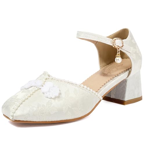 MJIASIAWA Bride Hochzeit Square Toe Embroiderot Sandalen Klassischer Mary Jane Weit Fit Party Blockabsatz Knöchelriemchen Schuhe Weiß Gr 40.5 EU/42 Asiatisch von MJIASIAWA