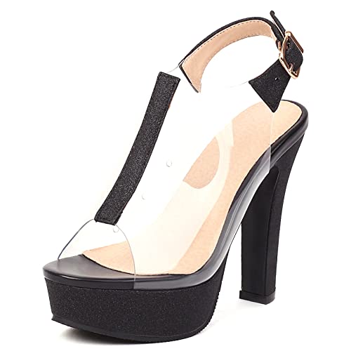 MJIASIAWA Bride Höhe Ferse Plateau Glitzer Sandalen Hochzeit Offene Zeh Mode Knöchelriemchen Party Schnalle Transparent Schuhe Schwarz Gr 41 EU/43 Asiatisch von MJIASIAWA