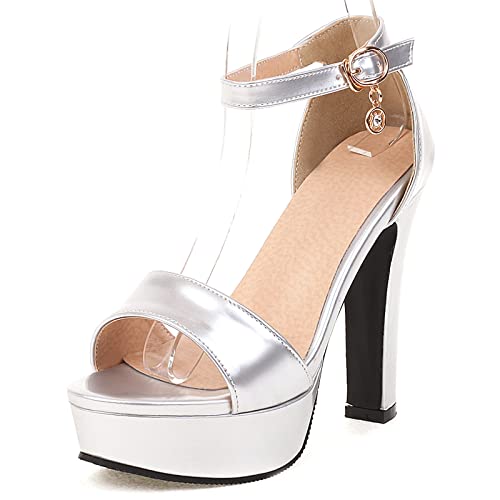 MJIASIAWA Bride Höhe Ferse Plateau Glitzer Sandalen Hochzeit Offene Zeh Mode Knöchelriemchen Party Schnalle Transparent Schuhe Silber Gr 36.5 EU/37 Asiatisch von MJIASIAWA