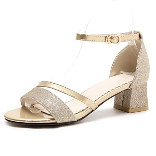 MJIASIAWA Bride Offene Zeh Hochzeit Blockabsatz Glitzer Sandalen Knöchelriemchen Sommer Komfort Party Schuhe Damen Weit Fit Kleid Gold Gr 31 Eu von MJIASIAWA