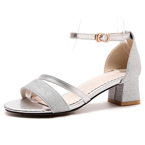 MJIASIAWA Bride Offene Zeh Hochzeit Blockabsatz Glitzer Sandalen Knöchelriemchen Sommer Komfort Party Schuhe Damen Weit Fit Kleid Silber Gr 32 Eu von MJIASIAWA