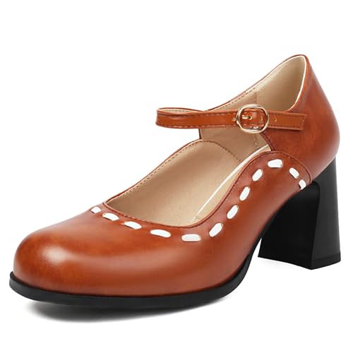 MJIASIAWA Brogue Mary Jane Damen Blockabsatz Pumps Square Toe Klassischer Sommer Party Knöchelriemchen Weit Fit Formal Arbeit Schuhe Braun Gr 34 EU von MJIASIAWA