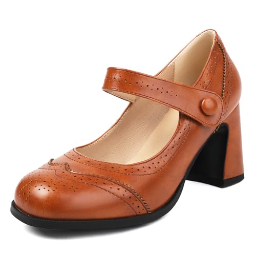 MJIASIAWA Brogue Mary Jane Damen Blockabsatz Pumps Square Toe Klassischer Sommer Party Knöchelriemchen Weit Fit Formal Arbeit Schuhe Braun Gr 37 EU/38 Asiatisch von MJIASIAWA