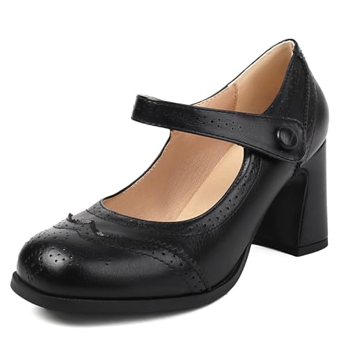 MJIASIAWA Brogue Mary Jane Damen Blockabsatz Pumps Square Toe Klassischer Sommer Party Knöchelriemchen Weit Fit Formal Arbeit Schuhe Schwarz Gr 42 EU/44 Asiatisch von MJIASIAWA