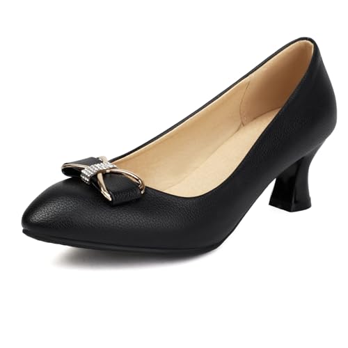 MJIASIAWA Buro Kitten Heel Damen Ohne Verschluss Formal Schuhe Business Arbeit Komfort Low Blockabsatz Bowtie Kleid Pumps Klassischer Schwarz Gr 46 EU/48 Asiatisch von MJIASIAWA