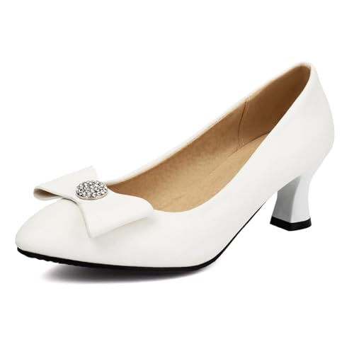 MJIASIAWA Buro Kitten Heel Damen Ohne Verschluss Formal Schuhe Business Arbeit Komfort Low Blockabsatz Bowtie Kleid Pumps Klassischer Weiß Gr 41 EU/43 Asiatisch von MJIASIAWA