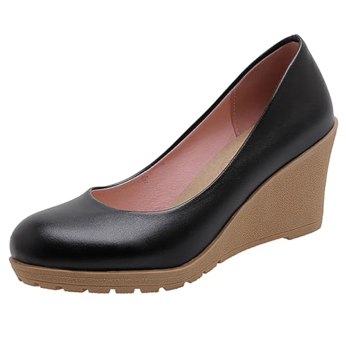 MJIASIAWA Damen Arbeit Keilabsatz Closed Toe Pumps Solid Color Ohne Verschluss Buro Formal Plateau Schuhe Mode Loafers Schwarz Gr 35 EU von MJIASIAWA