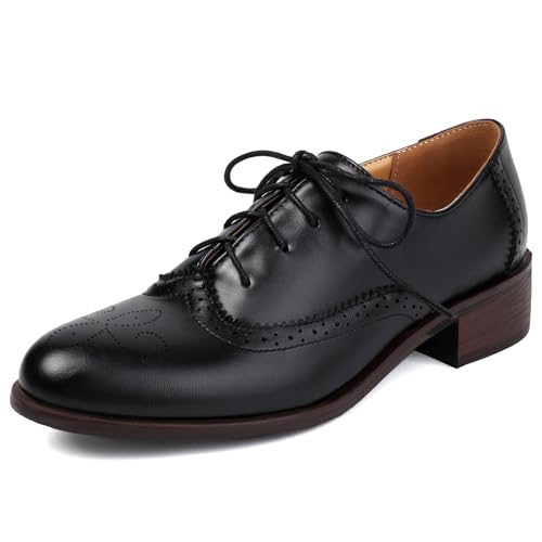 MJIASIAWA Damen Männer Buro Arbeit Business Klassischer Schnüren Brogue Oxford Closed Toe Mode Block Mitte Absatz Derby Schuhe Schwarz Gr 35 EU von MJIASIAWA