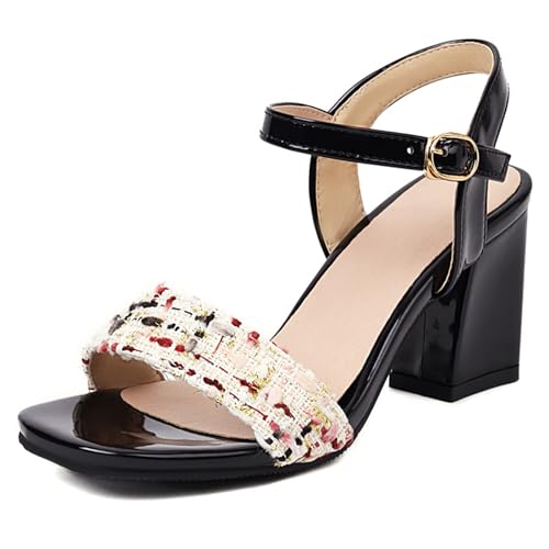 MJIASIAWA Damen Offene Zeh Hochzeit Lack Sandalen Blockabsatz Blumes Bride Elegant Party Mode Höhe Ferse Kleid Schuhe Schwarz Gr 35 Eu von MJIASIAWA