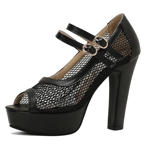 MJIASIAWA Damen Peep Toe Mode Mesh Hohen Blockabsatz Pumps Sommer Plateau Knöchelriemchen Mary Jane Party Hochzeit Schuhe Schwarz Gr 39 EU/40 Asiatisch von MJIASIAWA