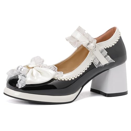 MJIASIAWA Damen Runde Zehen Lovely Lack Mary Jane Bowtie Pumps Ruffles Hochzeit Blockabsatz Plateau Damen Party Prom Schuhe Schwarz Gr 41 EU/43 Asiatisch von MJIASIAWA