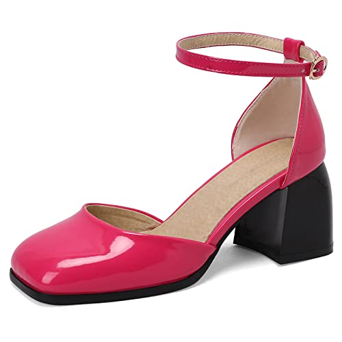 MJIASIAWA Damen Square Toe Mode Blockabsatz Lack Sandalen Weit Fit Sommer Party Elegant Knöchelriemchen Closed Toe Abend Kleid Rose-Rot Gr 41 EU/43 Asiatisch von MJIASIAWA