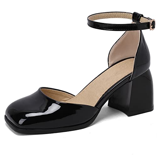 MJIASIAWA Damen Square Toe Mode Blockabsatz Lack Sandalen Weit Fit Sommer Party Elegant Knöchelriemchen Closed Toe Abend Kleid Schwarz Gr 43 EU/45 Asiatisch von MJIASIAWA