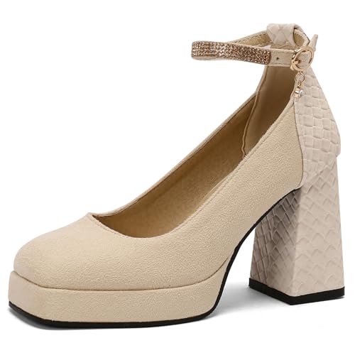 MJIASIAWA Damen Square Toe Plateau Chunky Heel Pumps Weit Fit Party Mode Knöchelriemchen Höhe Ferse Sommer Kleid Schuhe Beige Gr 37 EU/38 Asiatisch von MJIASIAWA