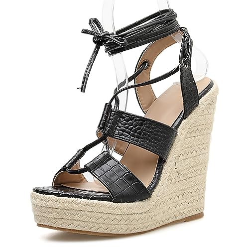 MJIASIAWA Espadrilles Keilabsatz Damen Schnüren Mode Sandalen Sommer Leisure Gladiator Plateau Strappy Comfy Romisch Schuhe Schwarz Gr 36 Eu von MJIASIAWA