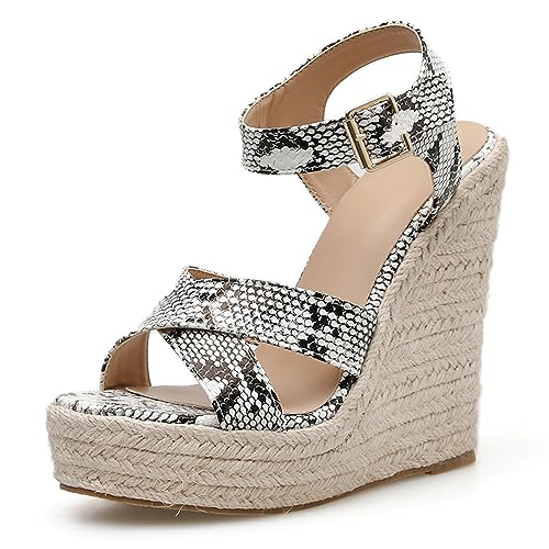 MJIASIAWA Espadrilles Plateau Damen Gladiator Keilabsatz Sandalen Höhe Ferse Draußen Leisure Strappy Sommer Offene Zeh Snakeskin Schuhe Aprikose Gr 40.5 EU/42 Asiatisch von MJIASIAWA