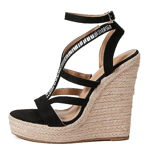 MJIASIAWA Espadrilles Plateau Damen Gladiator Keilabsatz Sandalen Höhe Ferse Draußen Leisure Strappy Sommer Offene Zeh Snakeskin Schuhe Schwarz Gr 40.5 EU/42 Asiatisch von MJIASIAWA