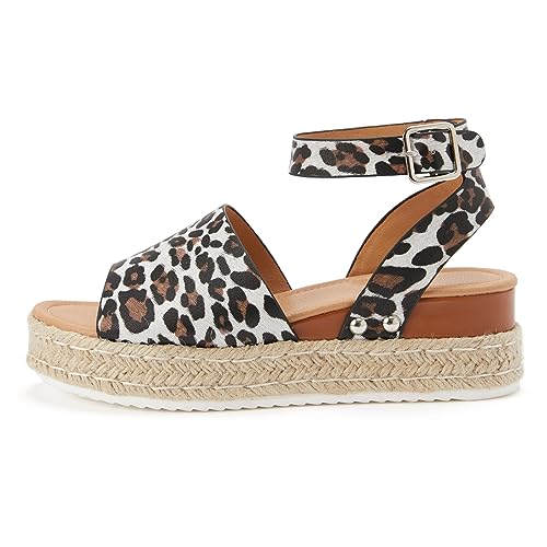 MJIASIAWA Espadrilles Plateau Damen Offene Zeh Mode Sandalen Komfort Draußen Strand Knöchelriemchen Keilabsatz Sommer Schuhe Leopard Gr 40.5 EU/42 Asiatisch von MJIASIAWA