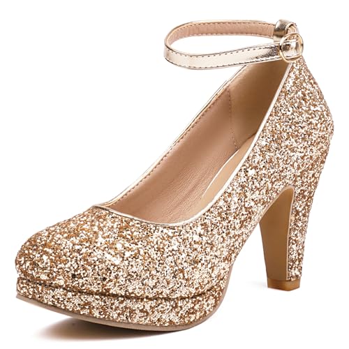 MJIASIAWA Hochzeit Glitzer Mary Jane Bride Plateau Schuhe Closed Runde Zehen Mode Knöchelriemchen Damen Höhe Ferse Pumps Slingback Gold Gr 46 EU/48 Asiatisch von MJIASIAWA