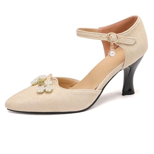 MJIASIAWA Hochzeit Stiletto Glitzer Bride Pointed Toe Sandalen Mode Knöchelriemchen Sommer Abend Formal Schuhe Damen Beige Gr 36.5 EU/37 Asiatisch von MJIASIAWA