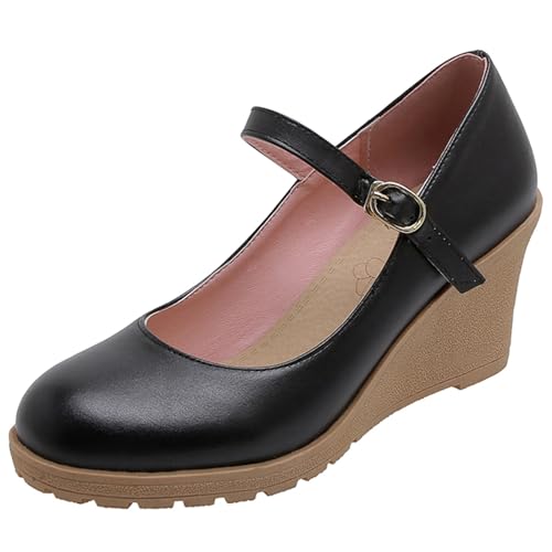 MJIASIAWA Keilabsatz Mary Jane Damen Runde Zehen Arbeit Schuhe Knöchelriemchen Plateau Formal Höhe Ferse Pumps Klassischer Formal Schwarz Gr 34 EU von MJIASIAWA