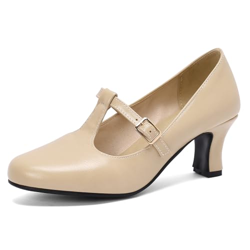 MJIASIAWA Kitten Heel Damen Klassischer Mary Jane T Bar Closed Toe Leisure Low Mitte Absatz Knöchelriemchen Formal Brogue Buro Arbeit Schuhe Aprikose Gr 41 EU/43 Asiatisch von MJIASIAWA