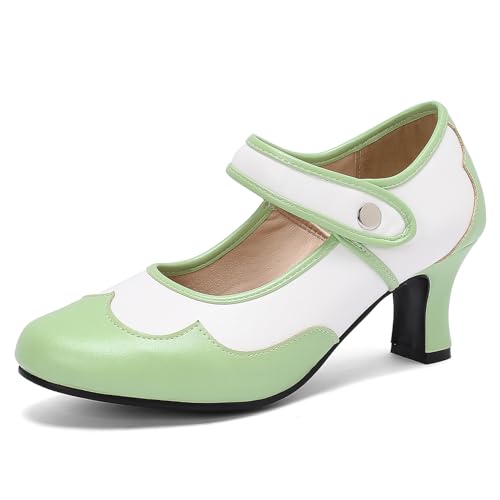 MJIASIAWA Kitten Heel Damen Klassischer Mary Jane T Bar Closed Toe Leisure Low Mitte Absatz Knöchelriemchen Formal Brogue Buro Arbeit Schuhe Grün Gr 36 EU von MJIASIAWA