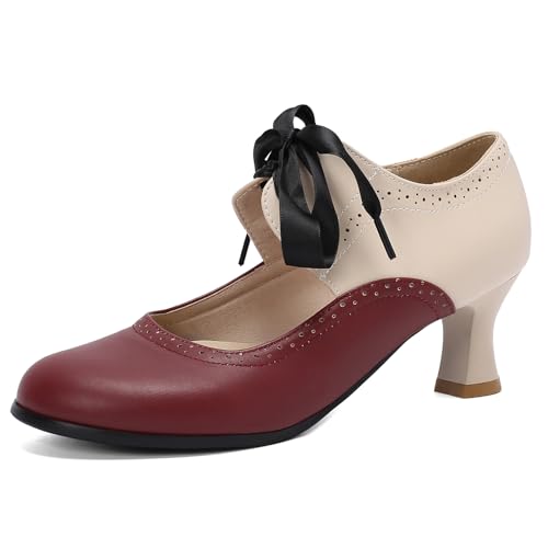 MJIASIAWA Kitten Heel Damen Klassischer Mary Jane T Bar Closed Toe Leisure Low Mitte Absatz Knöchelriemchen Formal Brogue Buro Arbeit Schuhe Rotwein Gr 45 EU/47 Asiatisch von MJIASIAWA