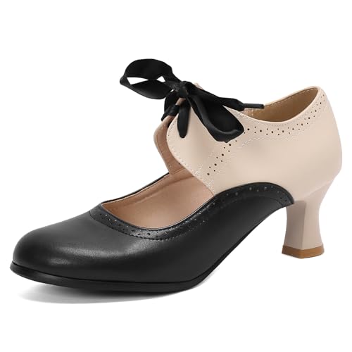 MJIASIAWA Kitten Heel Damen Klassischer Mary Jane T Bar Closed Toe Leisure Low Mitte Absatz Knöchelriemchen Formal Brogue Buro Arbeit Schuhe Schwarz Gr 39 EU/40 Asiatisch von MJIASIAWA